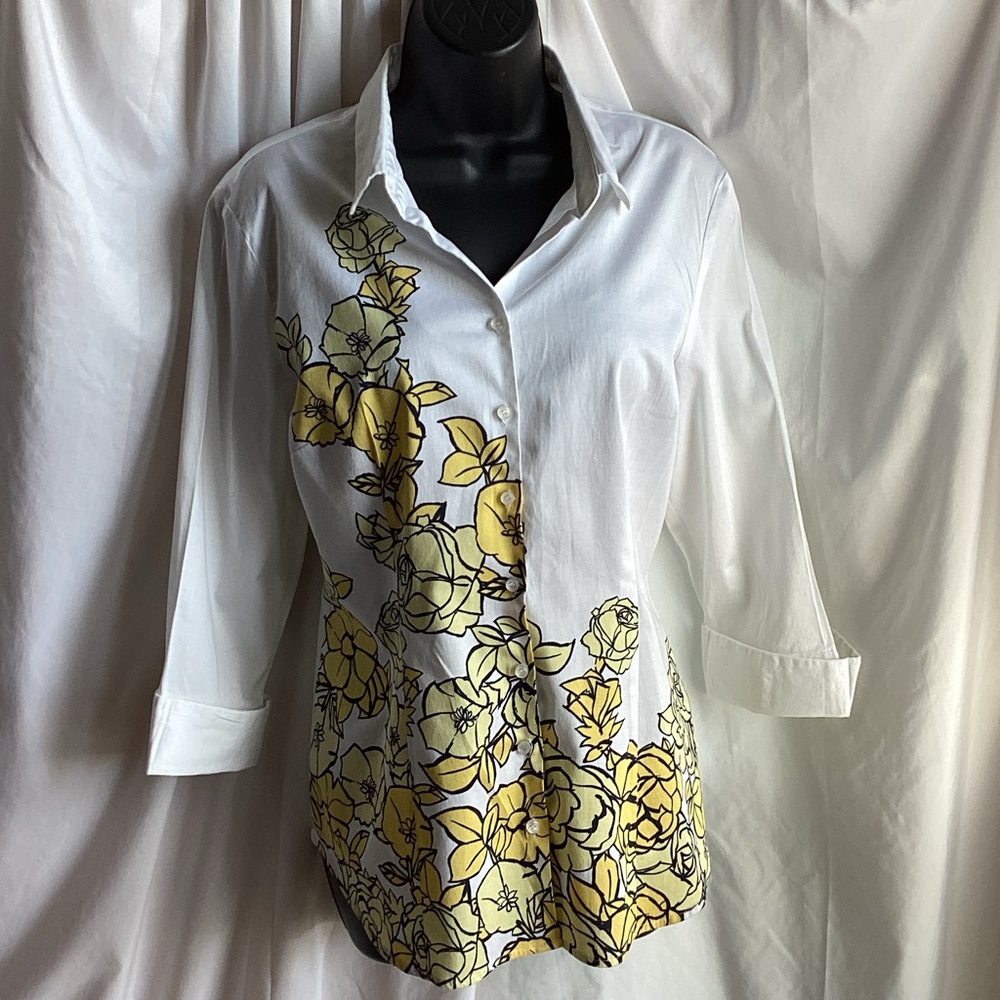 New York & Company White and Yellow Floral Button Down Shirt